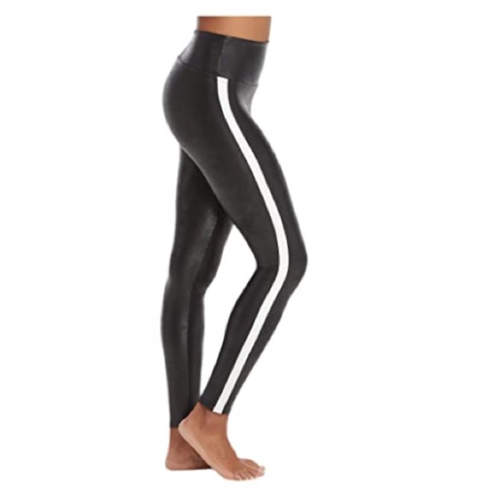 Black Spanx faux leather leggings with white stripe size S